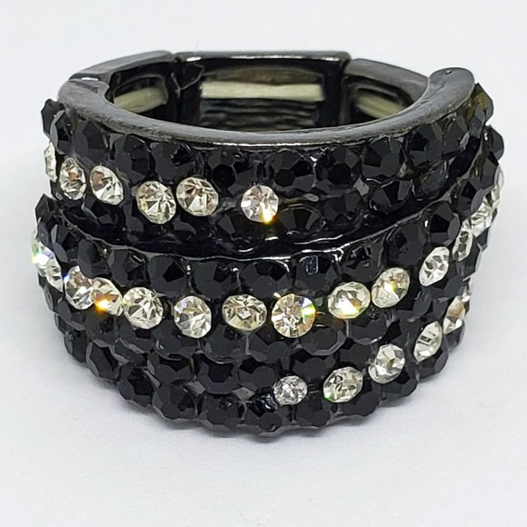 Pave' Black and Clear Rhinestone Cigar Band Fashion Stretch Ring - Picture 8 of 10